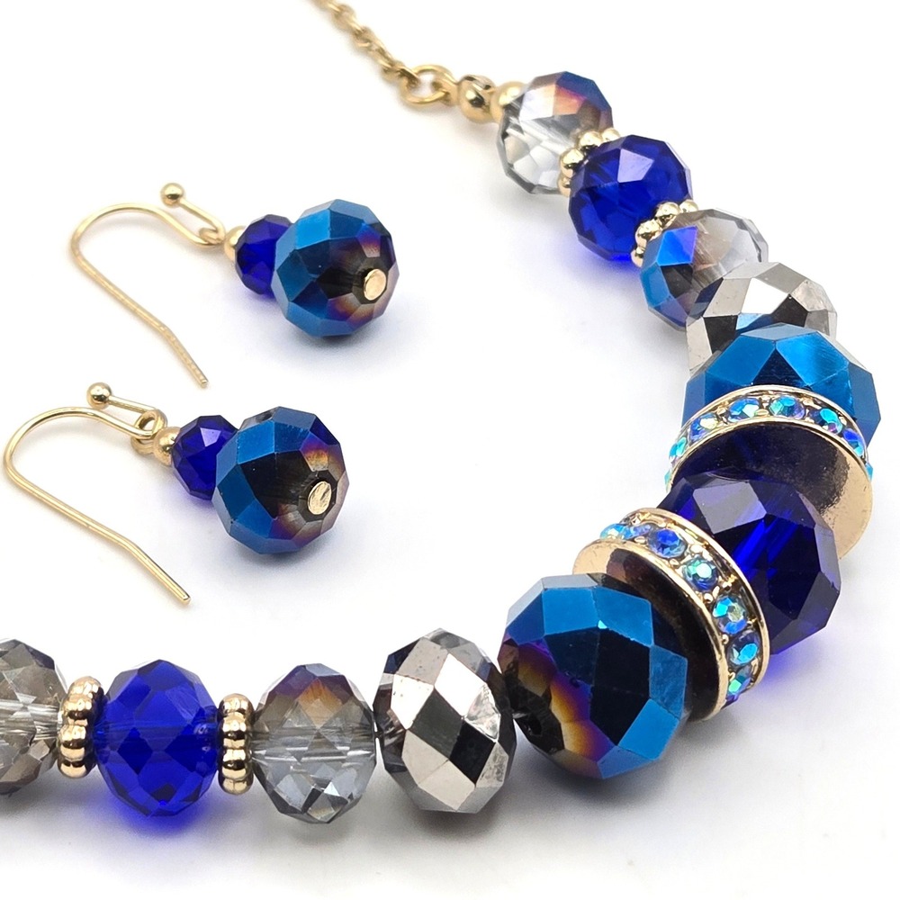 Blue Silver Faceted Glass Bead Necklace Earring Set Rhinestone Gold Tone Jewelry